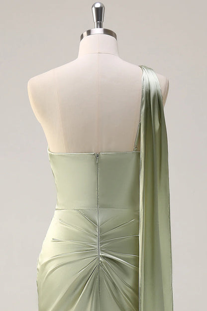 Sage Sheath One Shoulder Ruched Streamer Satin Bridesmaid Dress with Slit