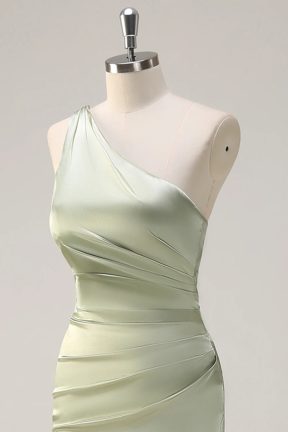 Sage Sheath One Shoulder Ruched Streamer Satin Bridesmaid Dress with Slit