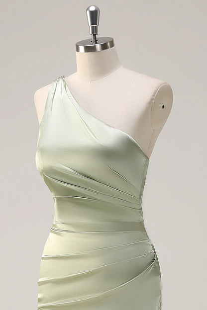 Sage Sheath One Shoulder Ruched Streamer Satin Bridesmaid Dress with Slit