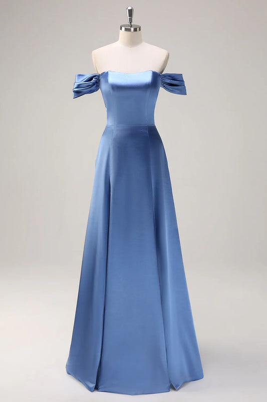 Dusty Blue A-Line Off The Shoulder Ruched Long Bridesmaid Dress