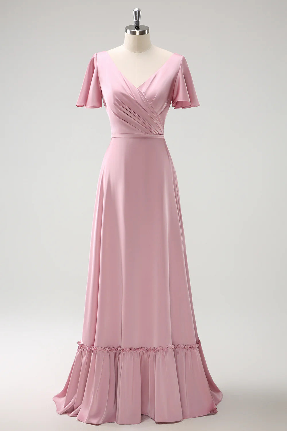 Blush Pink A Line V Neck Ruffle Pleated Long Satin Bridesmaid Dress