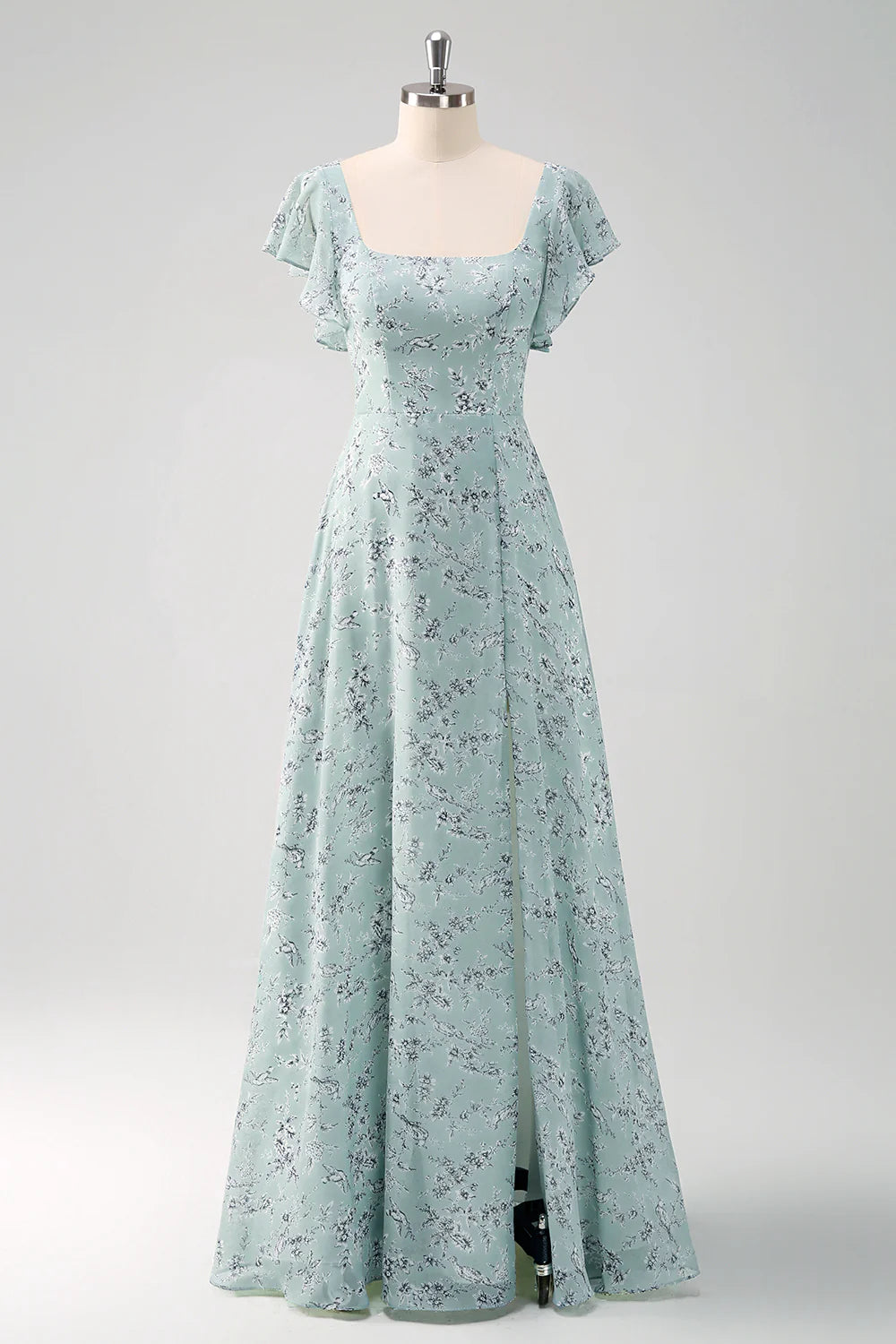 Dusty Sage A Line Square Neck Print Floor Length Bridesmaid Dress with Slit