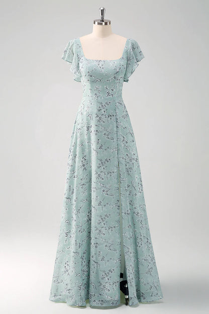 Dusty Sage A Line Square Neck Print Floor Length Bridesmaid Dress with Slit