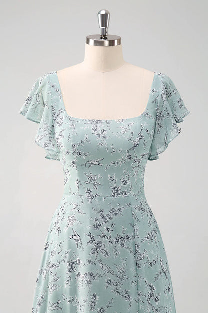 Dusty Sage A Line Square Neck Print Floor Length Bridesmaid Dress with Slit