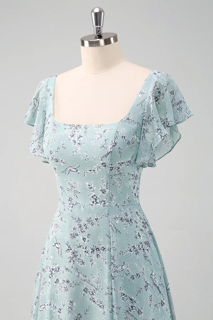 Dusty Sage A Line Square Neck Print Floor Length Bridesmaid Dress with Slit
