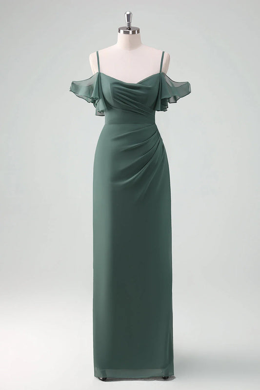 Eucalyptus Sheath Spaghetti Straps Floor Length Chiffon Bridesmaid Dress