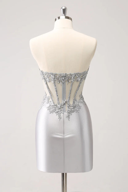 Glitter Silver Corset Strapless Homecoming Dress