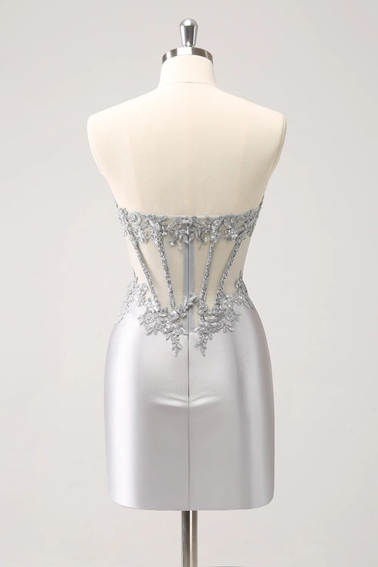 Glitter Silver Corset Strapless Homecoming Dress