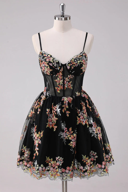 Sparkly Black A Line Spaghetti Straps Corset Short Floral Homecoming Dress