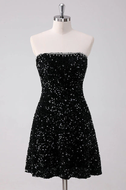 Sparkly Black A Line Strapless Short Homecoming Dress with Sequins