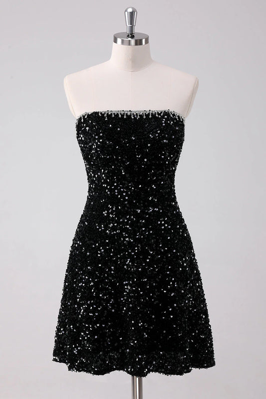 Sparkly Black A Line Strapless Short Homecoming Dress with Sequins