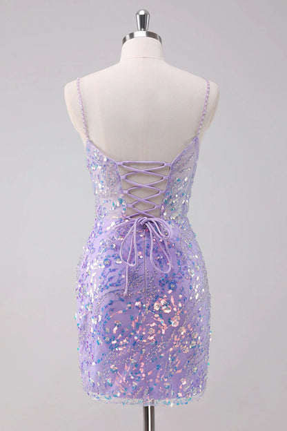 Sparkly Purple Bodycon Spaghetti Straps Short Homecoming Dress with Sequins