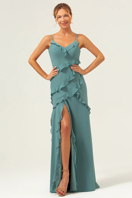 Thin camisole backless ruffled hem mopping bridesmaid dress