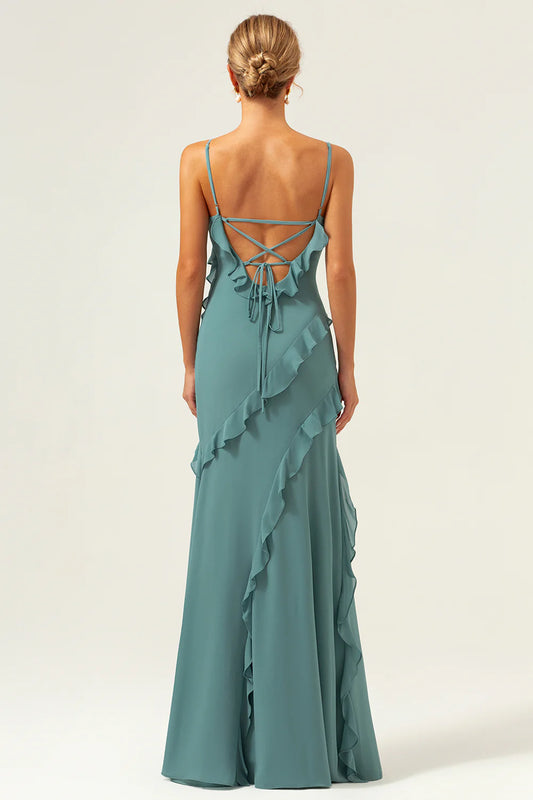 Thin camisole backless ruffled hem mopping bridesmaid dress