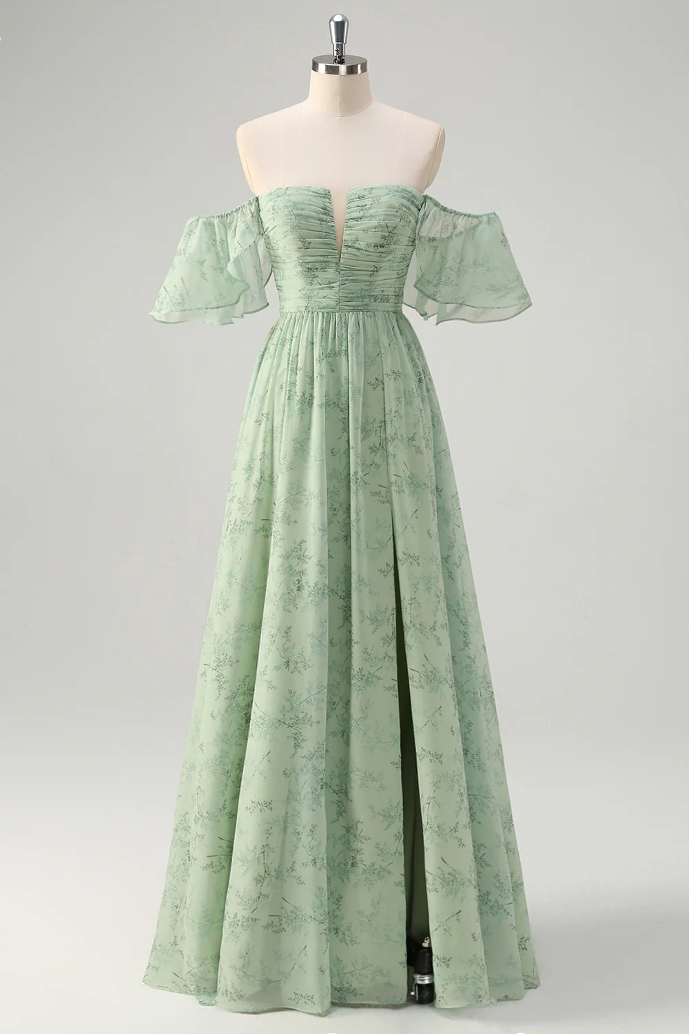 Dusty Sage A Line Off The Shoulder Pleated Long Bridesmaid Dress with Slit