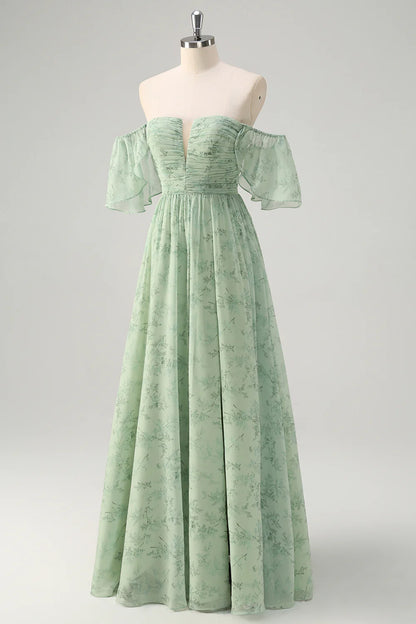 Dusty Sage A Line Off The Shoulder Pleated Long Bridesmaid Dress with Slit