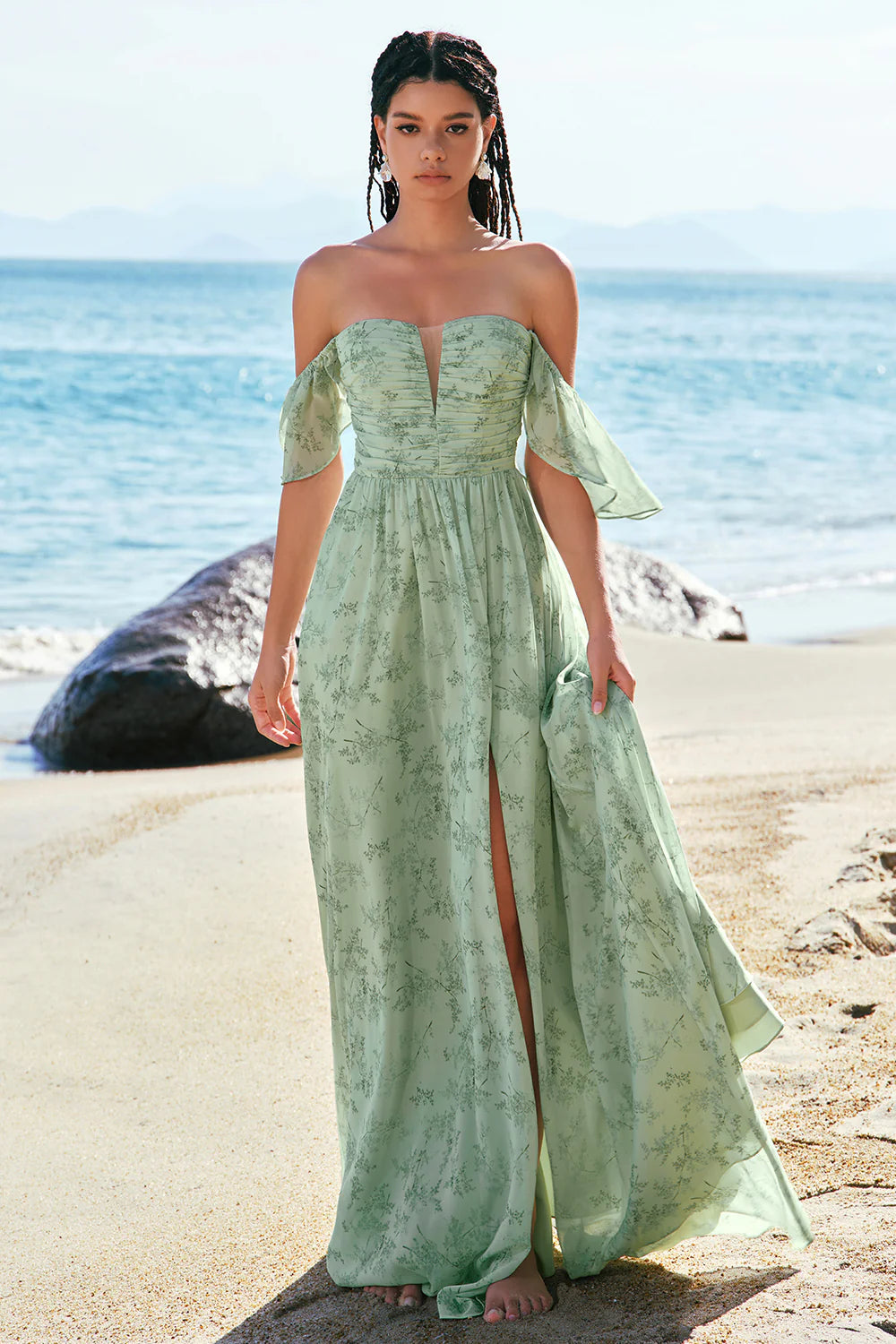 Dusty Sage A-Line Off The Shoulder Pleated Long Floral Bridesmaid Dress with Slit