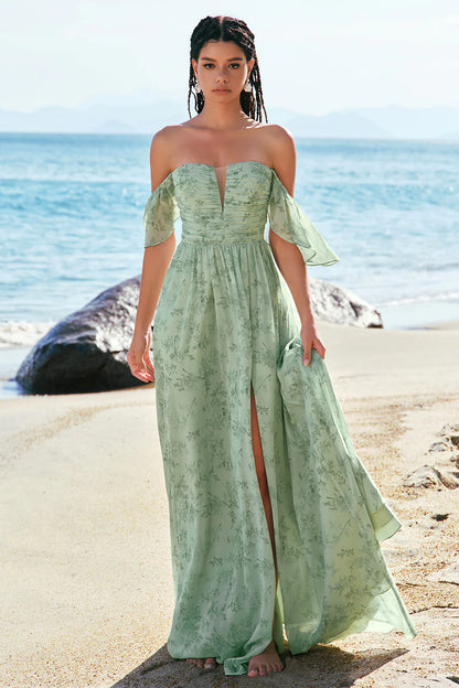 Dusty Sage A-Line Off The Shoulder Pleated Long Floral Bridesmaid Dress with Slit