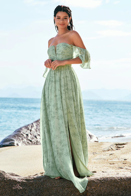 Dusty Sage A-Line Off The Shoulder Pleated Long Floral Bridesmaid Dress with Slit