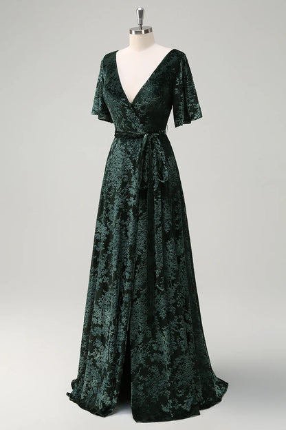 Dark Green A-Line Burnout Velvet V Neck Floor Length Dress with Short Sleeves
