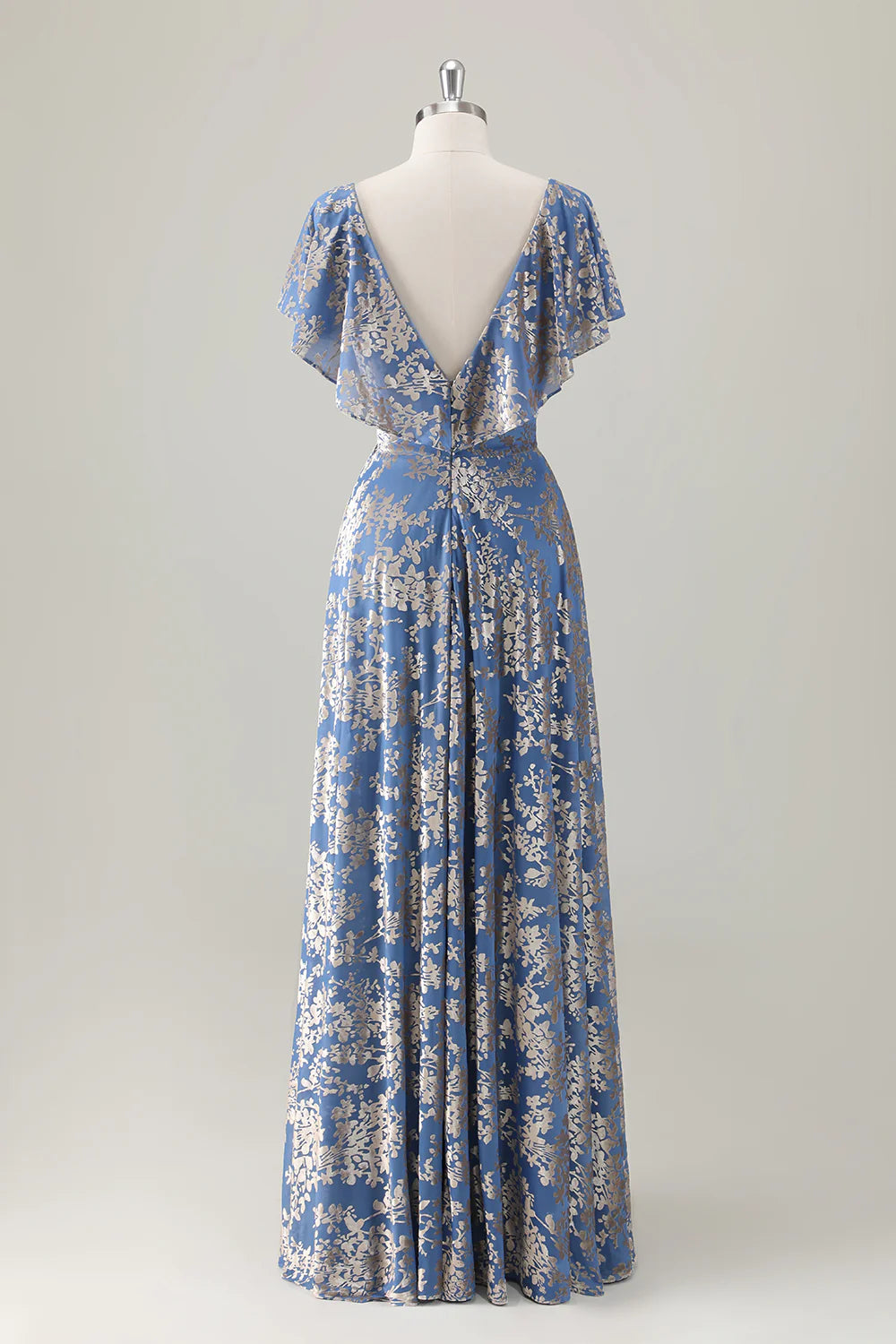 Grey Blue A Line V Neck Burnout Velvet Long Bridesmaid Dress with Cape Sleeves