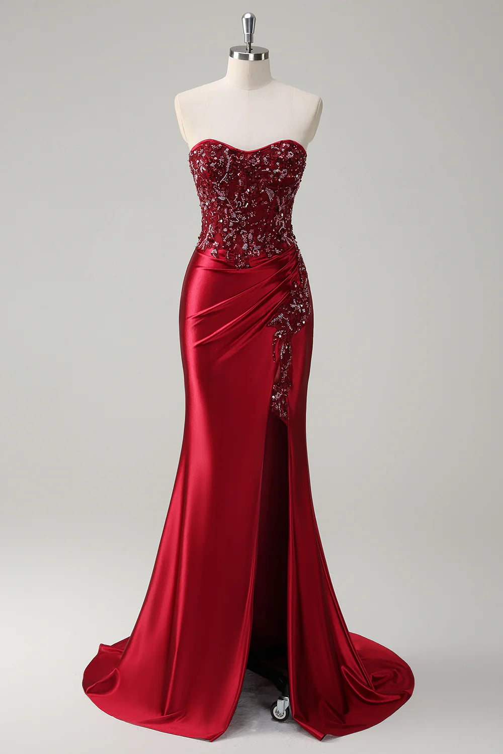 Burgundy Mermaid Strapless Sequins Beaded Satin Long Prom Dress with Slit