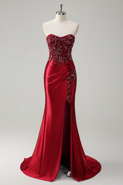 Burgundy Mermaid Strapless Sequins Beaded Satin Long Prom Dress with Slit