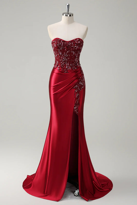 Burgundy Mermaid Strapless Sequins Beaded Satin Long Prom Dress with Slit