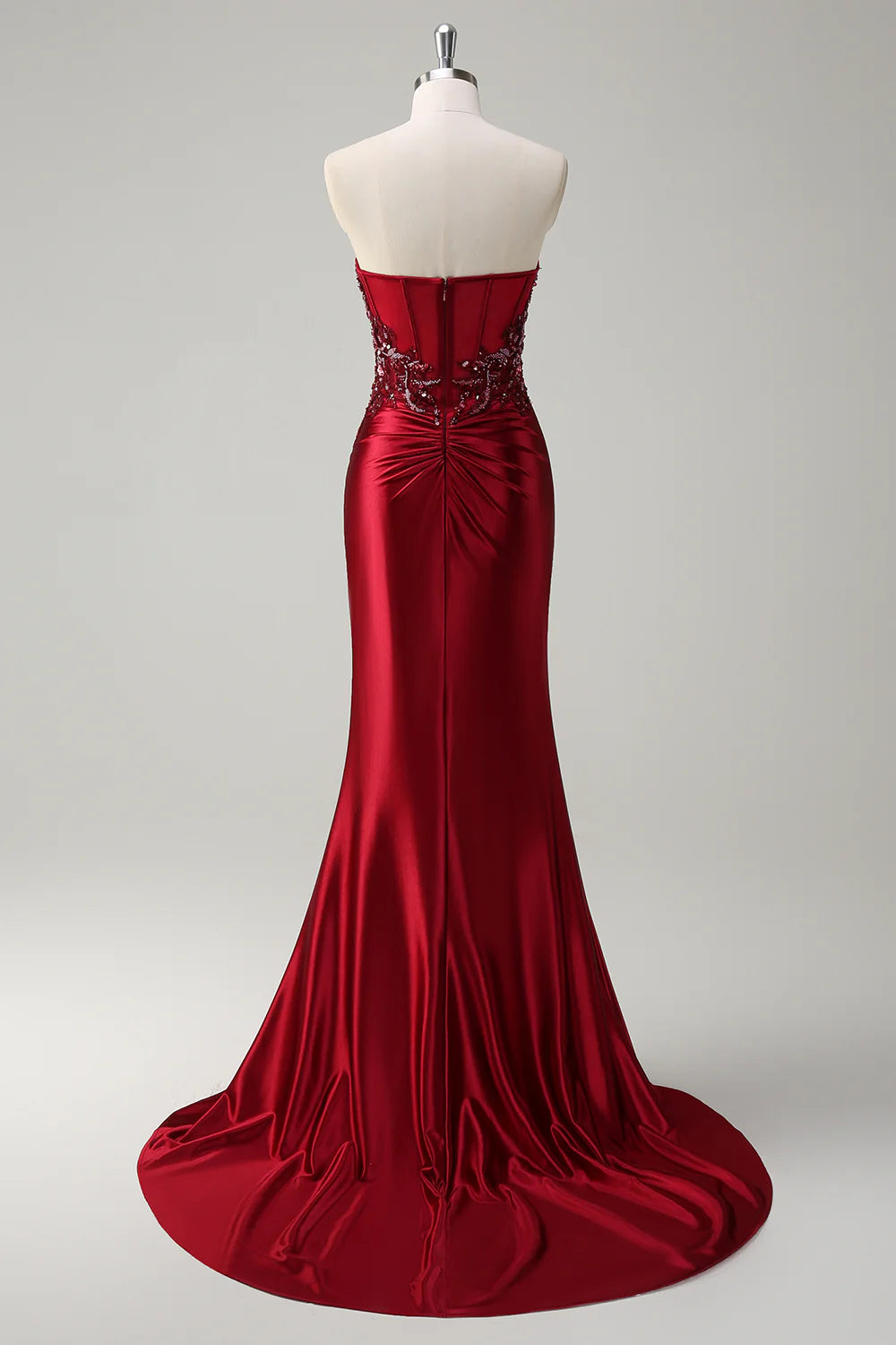 Burgundy Mermaid Strapless Sequins Beaded Satin Long Prom Dress with Slit