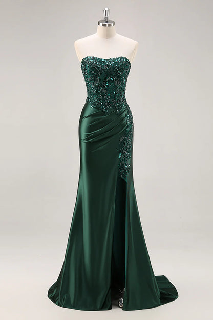 Burgundy Mermaid Strapless Sequins Beaded Satin Long Prom Dress with Slit