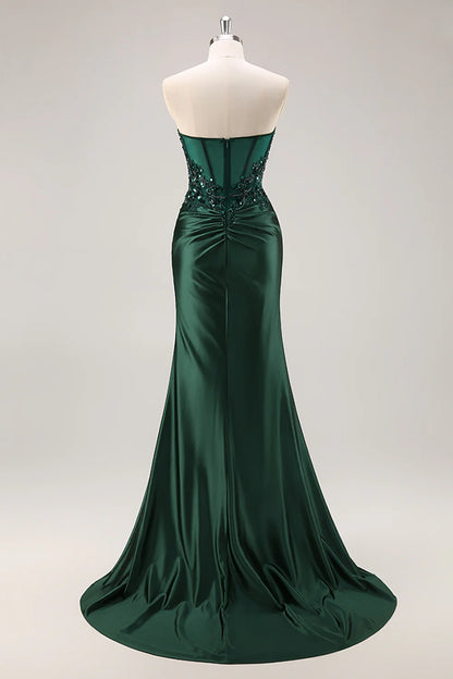 Burgundy Mermaid Strapless Sequins Beaded Satin Long Prom Dress with Slit
