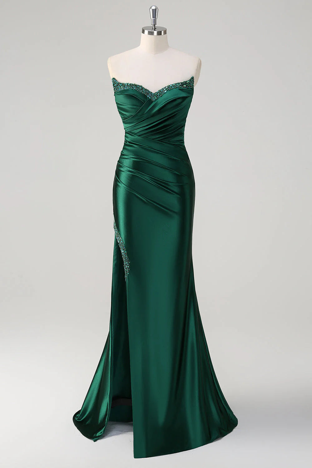 Mermaid strapless pleated sequin satin long slit ball gown