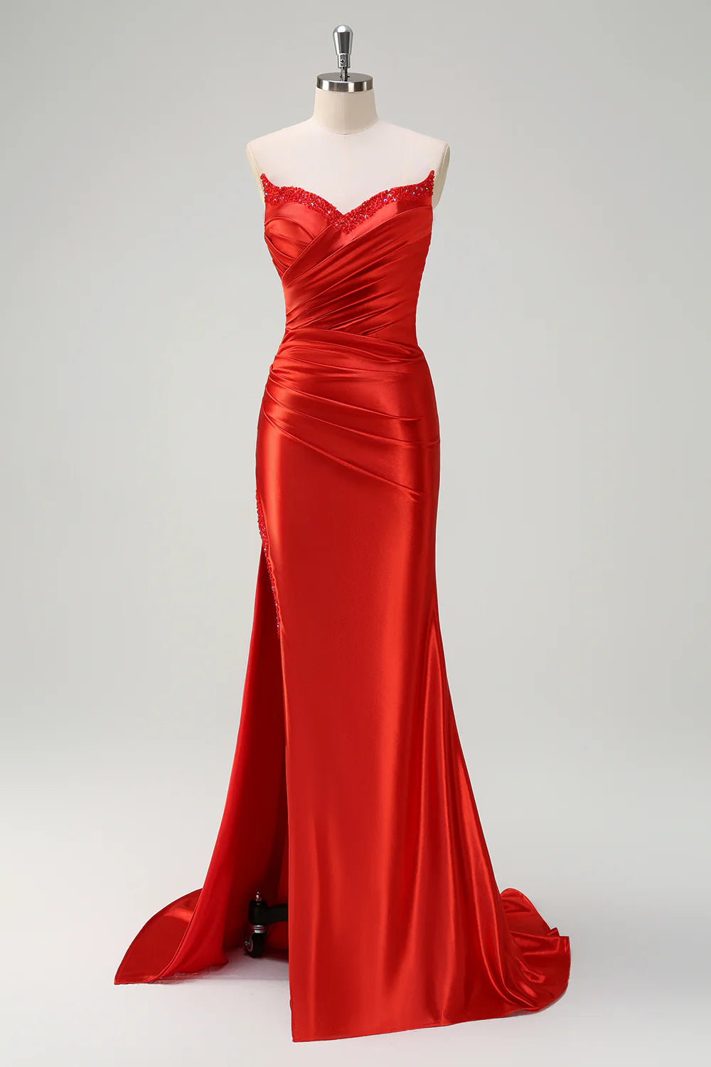 Mermaid strapless pleated sequin satin long slit ball gown