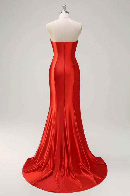 Mermaid strapless pleated sequin satin long slit ball gown