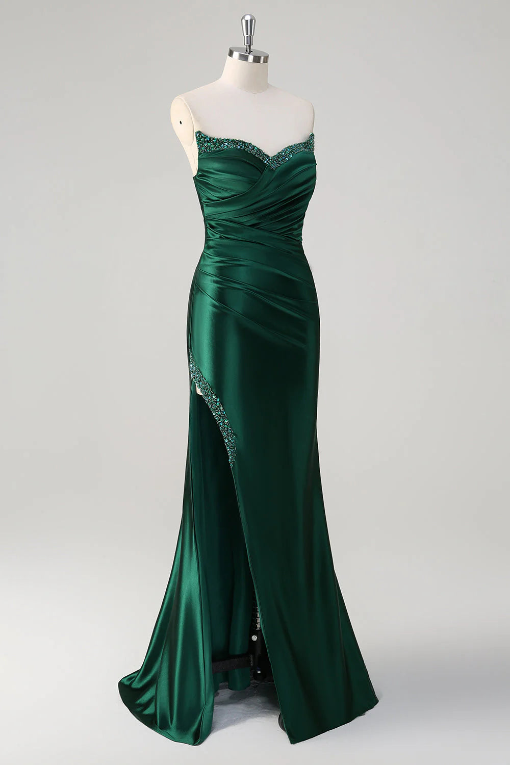 Mermaid strapless pleated sequin satin long slit ball gown