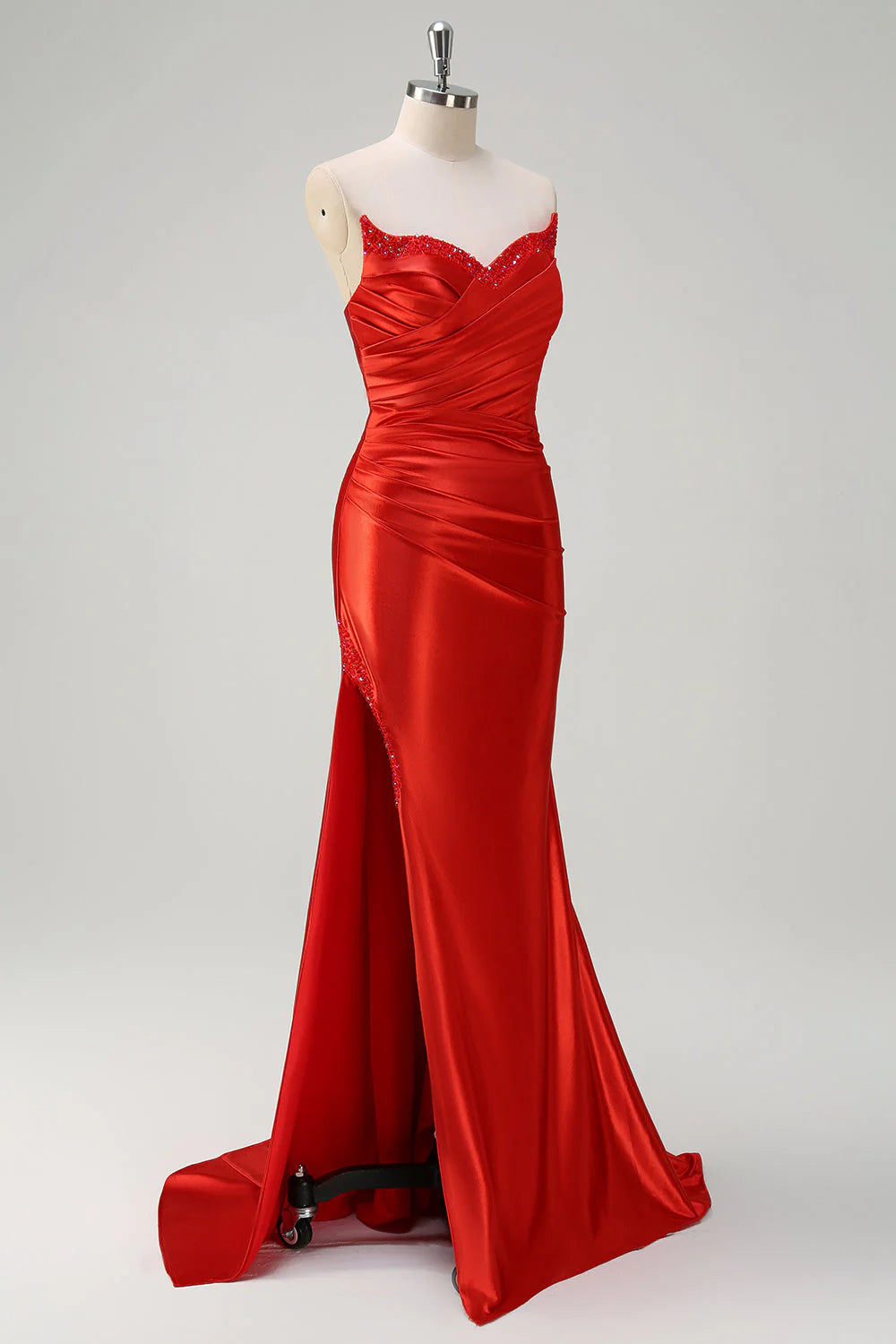 Mermaid strapless pleated sequin satin long slit ball gown
