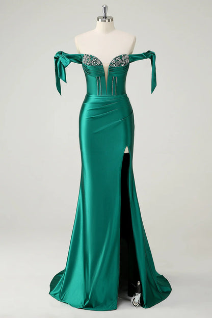 Dark Green Mermaid Off the Shoulder Rhinestone Long Prom Dress with Slit