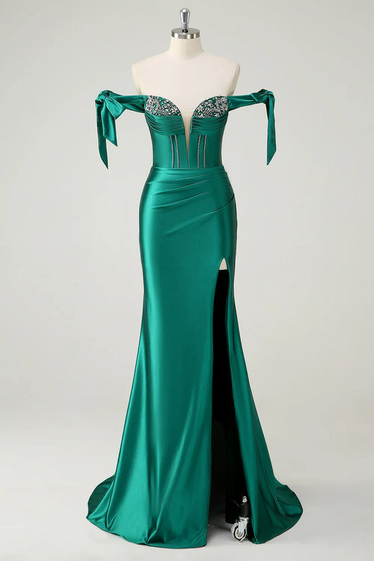 Dark Green Mermaid Off the Shoulder Rhinestone Long Prom Dress with Slit