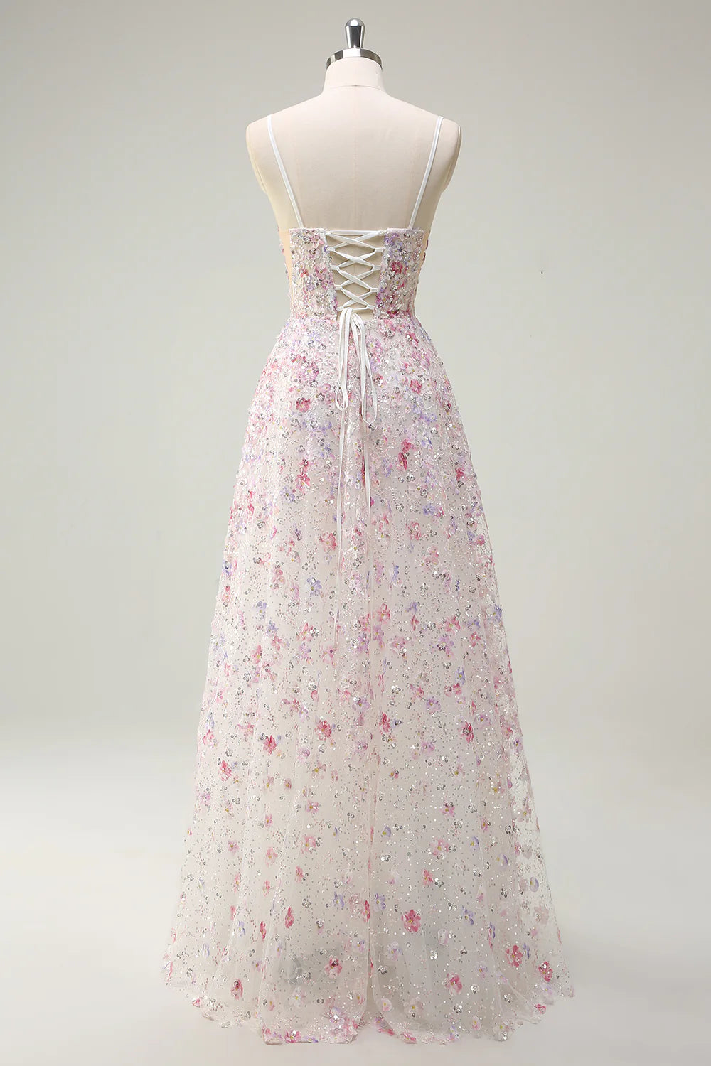 Sparkly Pink A Line Sequin Corset Floral Long Prom Dress with Lace-up Back