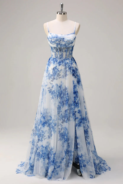 White Blue Flower A-Line Corset Spaghetti Straps Corset Maxi Dress With Slit