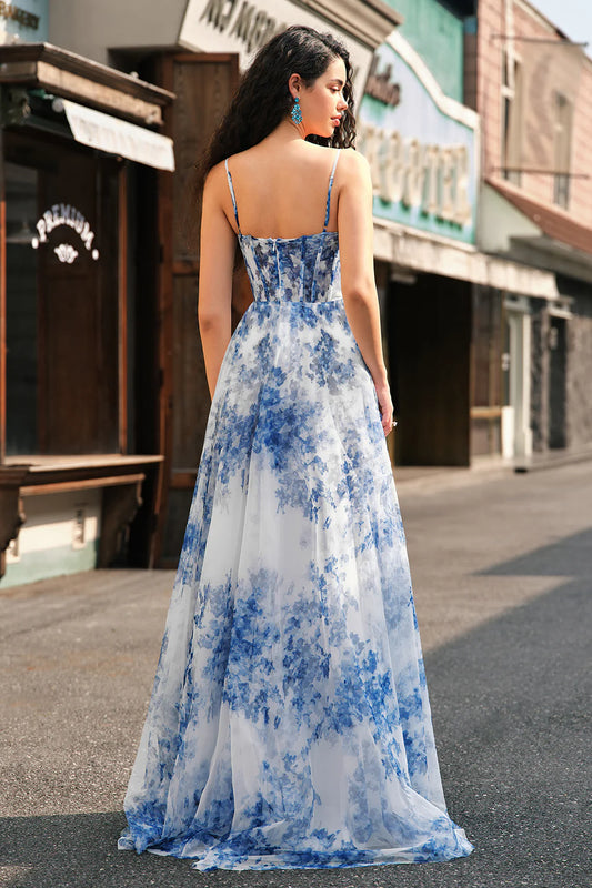 White Blue Flower A-Line Corset Spaghetti Straps Corset Maxi Dress With Slit
