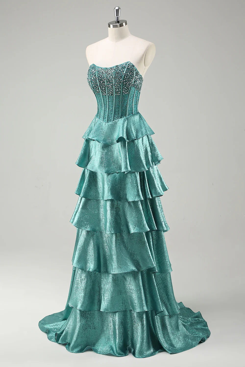 Peacock Green A Line Strapless Tiered Corset Sparkly Beaded Long Prom Dress with Slit