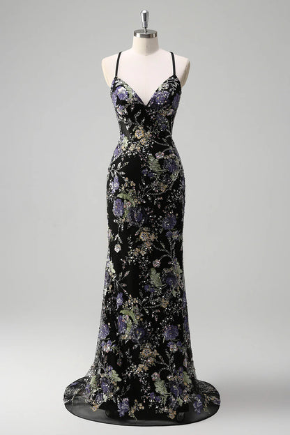 Mermaid Spaghetti Straps Sequins Peacock Long Prom Dress with Lace Up Back