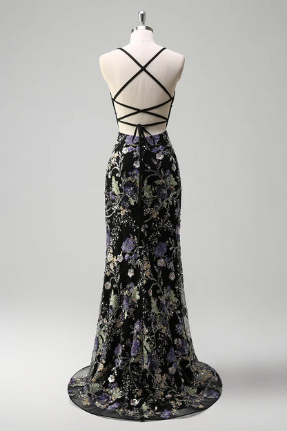Mermaid Spaghetti Straps Sequins Peacock Long Prom Dress with Lace Up Back