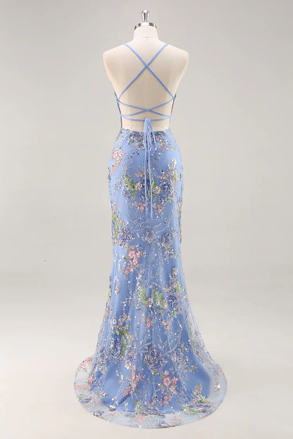 Mermaid Spaghetti Straps Sequins Peacock Long Prom Dress with Lace Up Back