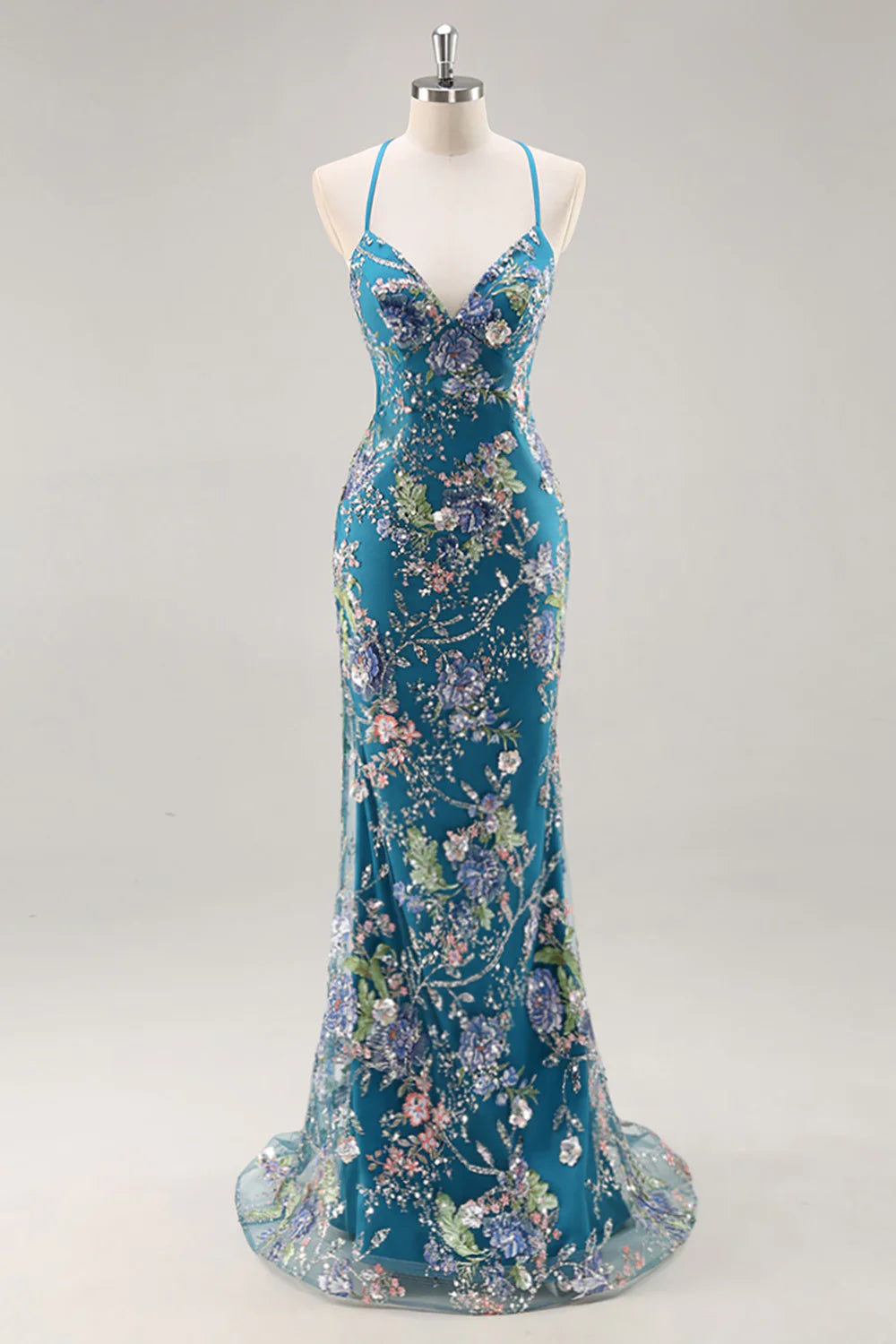 Mermaid Spaghetti Straps Sequins Peacock Long Prom Dress with Lace Up Back