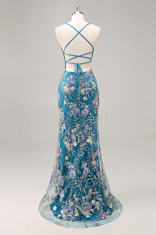 Mermaid Spaghetti Straps Sequins Peacock Long Prom Dress with Lace Up Back