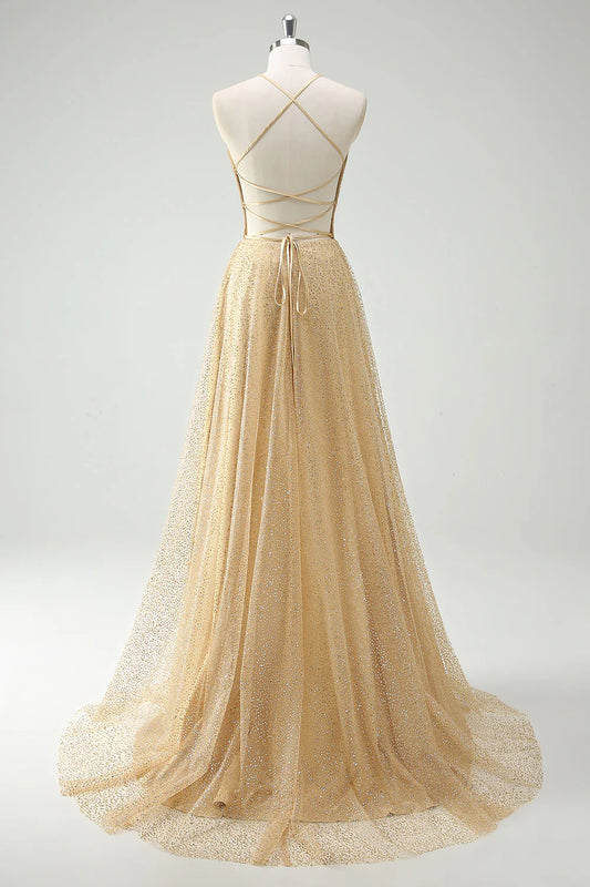 Sparkly Gold A Line Sequin Spaghetti Straps Long Prom Dress With Slit