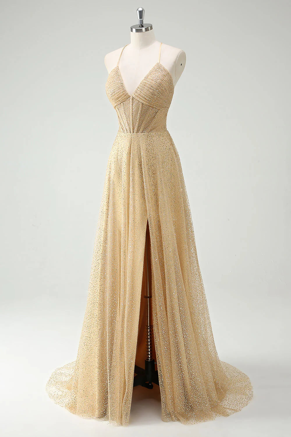 Sparkly Gold A Line Sequin Spaghetti Straps Long Prom Dress With Slit