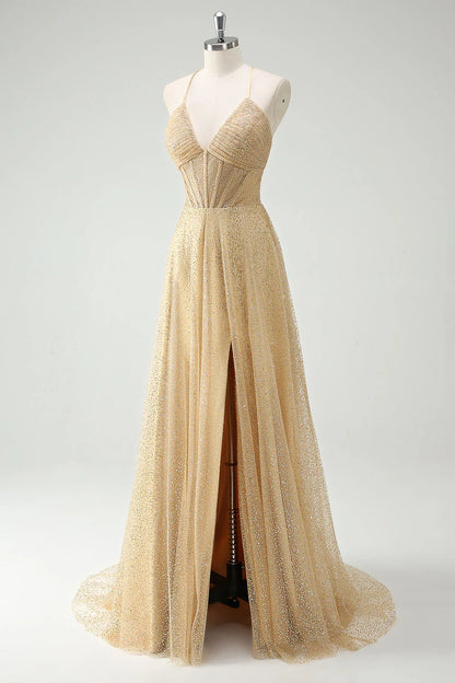 Sparkly Gold A Line Sequin Spaghetti Straps Long Prom Dress With Slit
